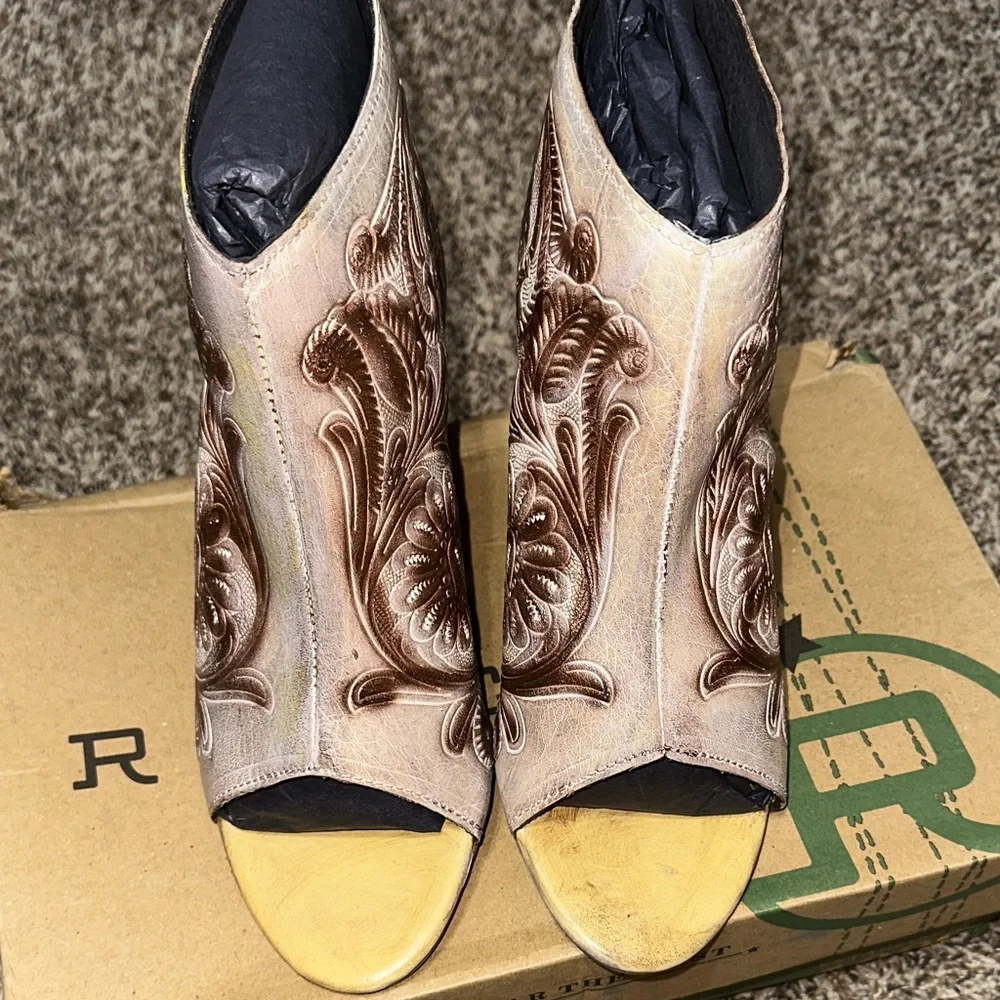 Roper Tan and Brown Embroidered Peep Toe Boots - Picture 5 of 6